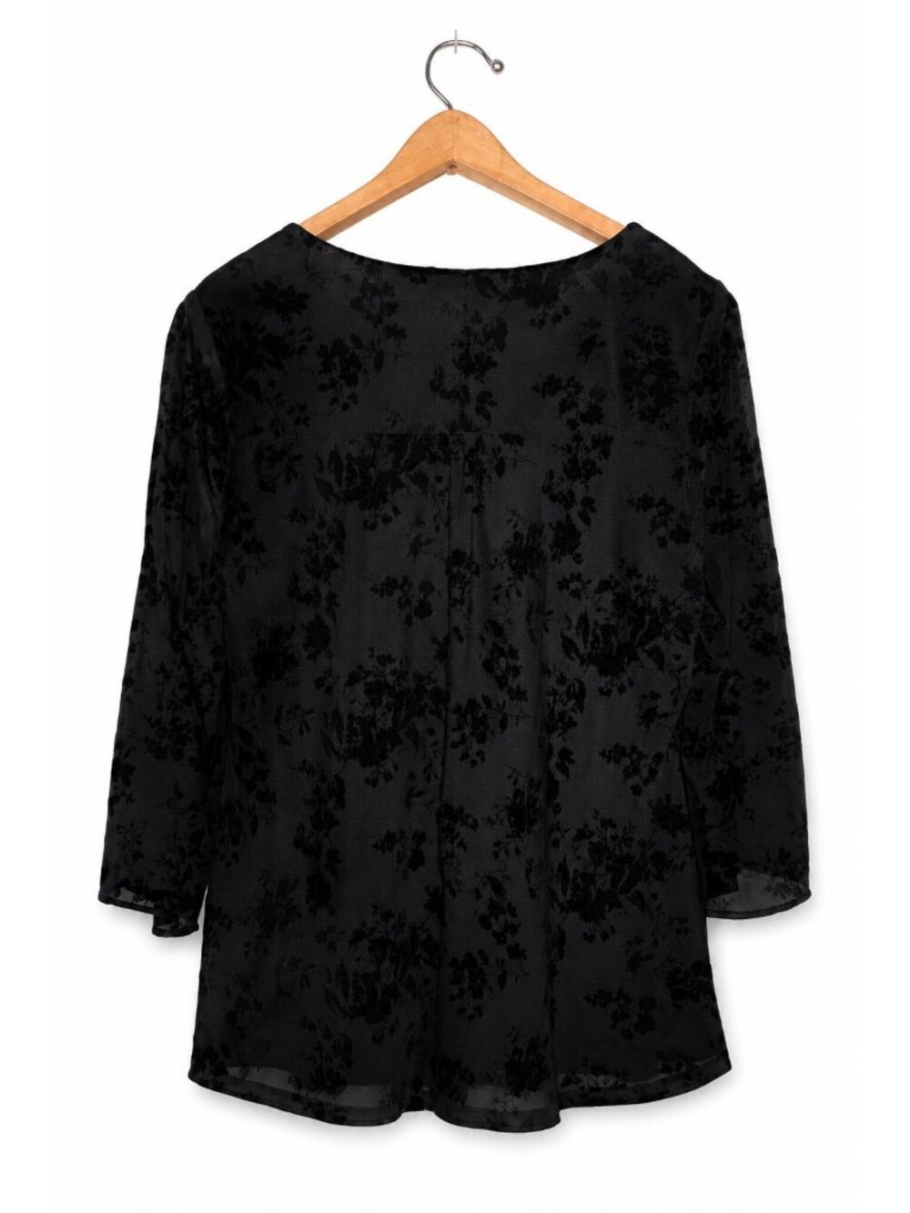 Women’s Black Tonal Floral Jacquard Blouse 3/4 Sheer Sleeve Tunic - Picture 2 of 2